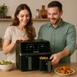 HAUSBERG HB-2373NG dupla forró levegős sütő, 2200-2400W, 8.4L kapacitás, állítható termosztát LED kijelzővel, egyedi digitális vezérlés, 14 előre beállított program, 60 perces időzítő, hűtőventilátor, fekete