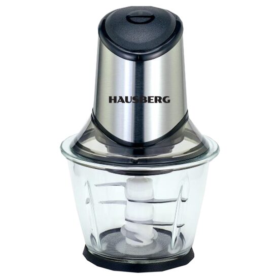 Elektromos aprító HAUSBERG HB-4507IN, 400-500W, 1 sebesség, 1,2 literes, üvegtál, 6 kés rozsdamentes pengével, ezüst