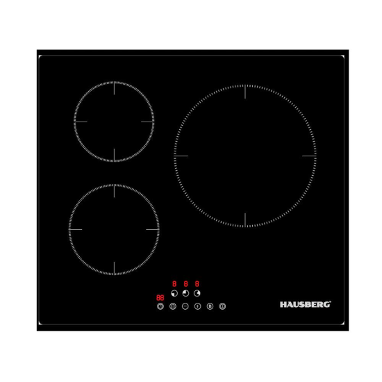 Beépített főzőlap Hausberg HB1530, Elektromos, Indukciós, 3 főzőzóna, PowerBoost, 60 cm, Fekete