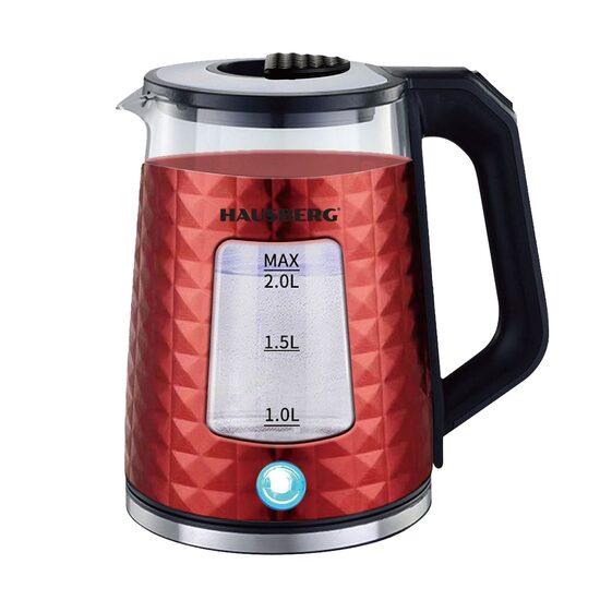 Hausberg HB-3617RS vízforraló, 1500 W, 2 L, 360 fokban forgatható talp, Fényjelző, Automatikus kikapcsolás, Piros