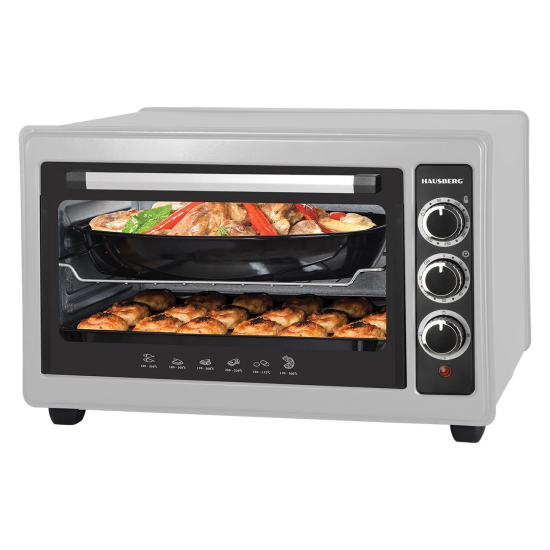 Elektromos sütő Hausberg HB-9026GR űrtartalom 36 liter, teljesítmény 1300-1500W, maximális hőmérséklet 320 fok, időzítő automata leállítás és riasztás funkcióval, szürke