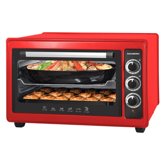 Elektromos sütő Hausberg HB-9026RS űrtartalom 36 liter, teljesítmény 1300-1500W, maximális hőmérséklet 320 fok, időzítő automatikus leállítás és riasztás funkcióval, piros