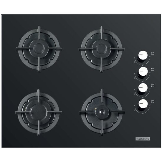 Hausberg HB-567NG beépíthető főzőlap, Gáz, 4 égős, GAS biztonsági rendszer, Öntöttvas grill, Anyaga Üveg, Fekete