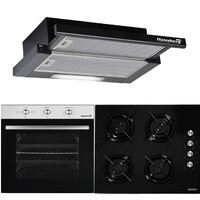 HAUSBERG Basic Style Fekete csomag, Beépíthető elektromos sütő HB8052, A osztály, 71L, 2000W, Fekete/Rozsdamentes acél, Beépíthető főzőlap HB563NG, 4 égős, Gáz, Üveg, Fekete, Beépíthető teleszkópos páraelszívó HB1285NG, Szívóerő 420 m3/h, 2 motor