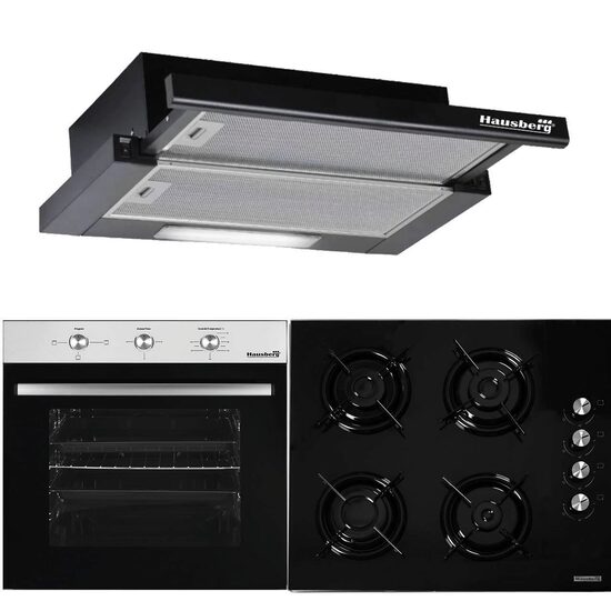 HAUSBERG Basic Style Fekete csomag, Beépíthető elektromos sütő HB8052, A osztály, 71L, 2000W, Fekete/Rozsdamentes acél, Beépíthető főzőlap HB563NG, 4 égős, Gáz, Üveg, Fekete, Beépíthető teleszkópos páraelszívó HB1285NG, Szívóerő 420 m3/h, 2 motor