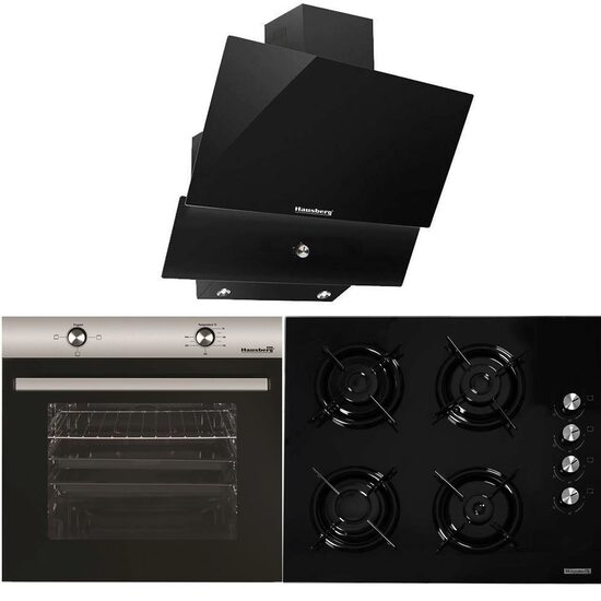 Csomag Beépíthető Sütő Hausberg HB-8051IN, Elektromos, 76 l, 4 funkciós, A osztály + Beépíthető főzőlap Hausberg HB-563, Gáz, 4 égős, Fekete + Dekoratív beépíthető páraelszívó Hausberg HB-2285NG, 60 cm, Alumínium szűrő, fekete