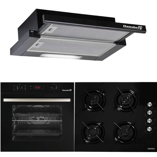 HAUSBERG Premium Style Fekete csomag, Beépíthető elektromos sütő HB8054, A osztály, 71L, 2225W, Fekete, Beépíthető főzőlap HB563NG, 4 égős, Gáz, Üveg, Fekete, Beépíthető teleszkópos páraelszívó HB1285NG, Szívóteljesítmény 420 m3/h , 2 motor