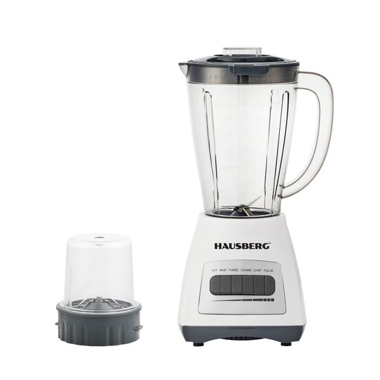 Turmixgép darálóval HAUSBERG HB-7770AB, 500 W, 4 sebességfokozat, 1,5 literes beosztású műanyag tál, Impulzus funkció, rozsdamentes acél pengék, biztonsági rendszer, fehér