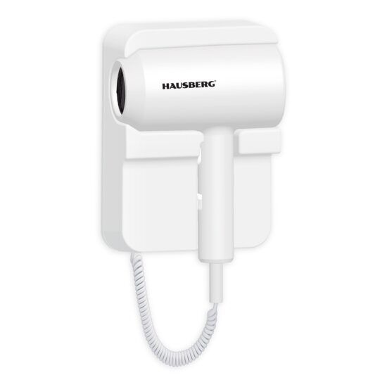 Hajszárító falra szerelhető HAUSBERG HB-260AB, 1200W, 2 sebességfokozat, túlmelegedés elleni védelem, tartozékok mellékelve, Fehér