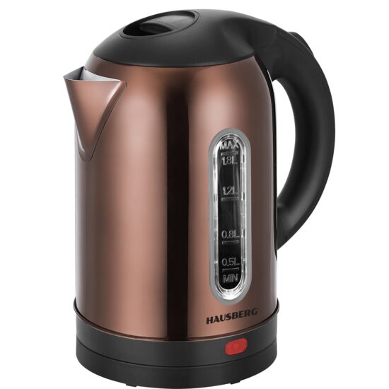 Elektromos vízforraló HAUSBERG HB-3621CU, 1800 W, 1,8 liter, rozsdamentes acél víztartály, automatikus leállítás forraláskor, 360 fokos elforgatás, túlmelegedés elleni védelem, kivehető talp, réz