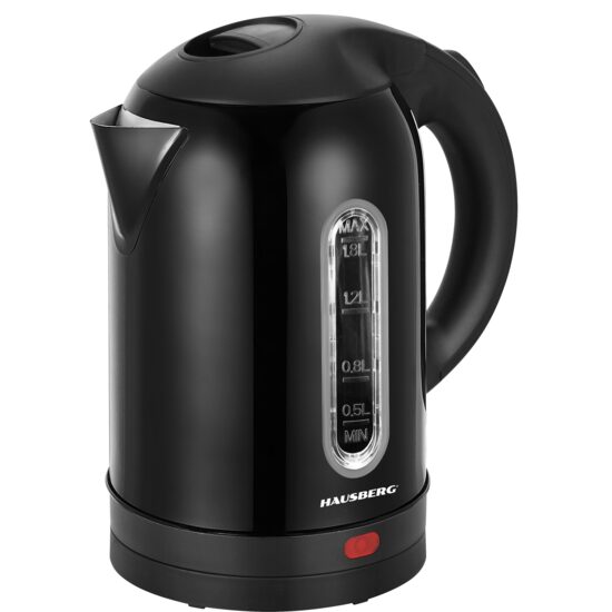 Elektromos vízforraló HAUSBERG HB-3621NG, 1800 W, 1,8 liter, rozsdamentes acél víztartály, automatikus leállítás forraláskor, 360 fokos elforgatás, túlmelegedés elleni védelem, kivehető talp, fekete