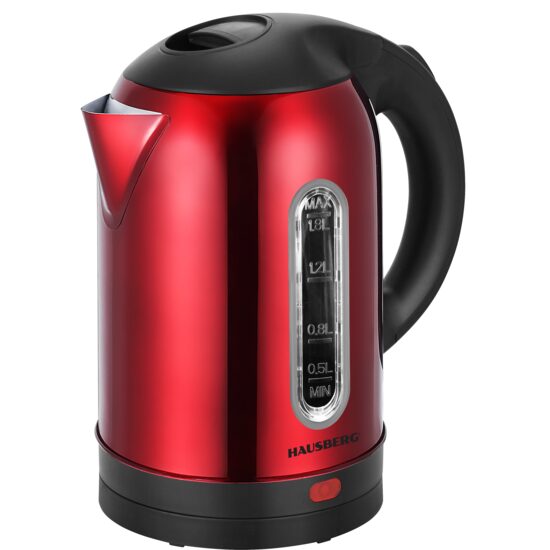 HAUSBERG HB-3621RS elektromos vízforraló, 1800 W, 1,8 liter, rozsdamentes acél víztartály, automatikus leállítás forraláskor, 360 fokos elforgatás, túlmelegedés elleni védelem, kivehető talp, piros