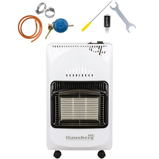 Csomag LPG gáztűzhely (hengeres) Hausberg HB-1010AB, piezo-gyújtás, 4,2kW, Fehér, hengeróra, 1m gáztömlő MN2015 és 2 tömlőbilincs
