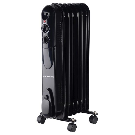 Elektromos olajfűtő HAUSBERG HB-8905, 3 fokozat, 600-900-1500 W, 7 elem 110 mm x 580 mm, állítható termosztát, fogantyú és kerekek a könnyű mozgatáshoz, működésjelző lámpa, fekete