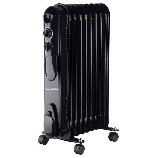 Elektromos olajmelegítő HAUSBERG HB-8915, 3 fokozat, 800-1200-2000 W, 9 elem 110 mm x 580 mm, állítható termosztát, fogantyú és kerekek a könnyű mozgatáshoz, működésjelző lámpa, fekete