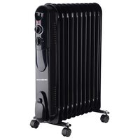 Elektromos olajmelegítő HAUSBERG HB-8925, 3 fokozat, 1000-1500-2500 W, 11 elem 110 mm x 580 mm, állítható termosztát, fogantyú és kerekek a könnyű mozgatáshoz, működésjelző lámpa, fekete