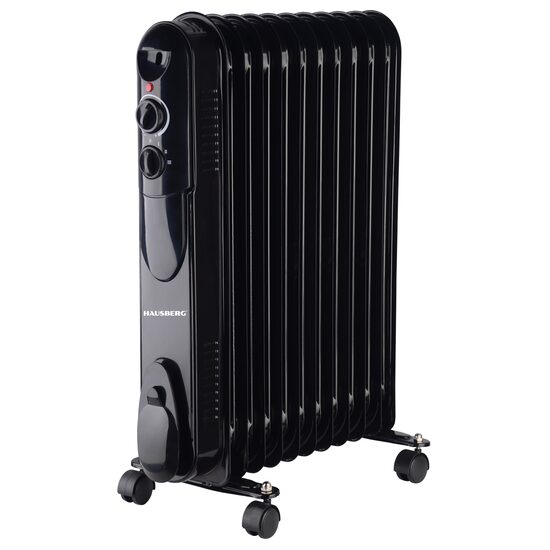 Elektromos olajmelegítő HAUSBERG HB-8925, 3 fokozat, 1000-1500-2500 W, 11 elem 110 mm x 580 mm, állítható termosztát, fogantyú és kerekek a könnyű mozgatáshoz, működésjelző lámpa, fekete