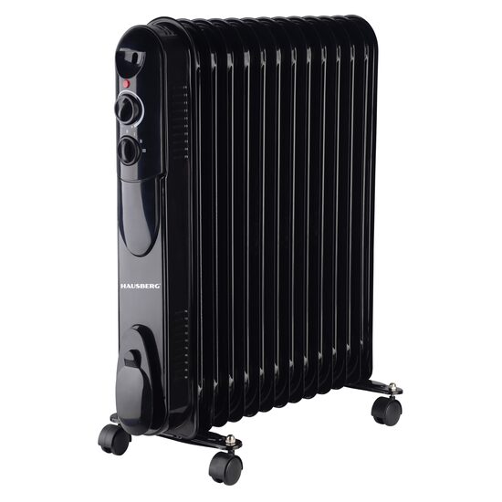 Elektromos olajfűtő HAUSBERG HB-8935, 3 fokozat, 1000-1500-2500 W, 13 elem 110 mm x 580 mm, állítható termosztát, fogantyú és kerekek a könnyű mozgatáshoz, működésjelző lámpa, fekete