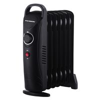 Elektromos olajfűtő HAUSBERG HB-8940, egy fokozatú fűtés, 800-1000 W, 7 elem 110 mm x 330 mm, állítható termosztát, fogantyú és kerekek a könnyű mozgatáshoz, működésjelző lámpa, fekete