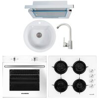 Beépíthető csomag Hausberg elektromos sütő HB-8051AB, 2000 W, 76 l, 4 funkciós, főzőlap HB-563, gáz, 4 égő, teleszkópos páraelszívó HB-1280, 280m3/h, 1 motor, 60 cm, A osztály, mosogató HBC- 9700, kompozit, 51 cm, HB-F5002 akkumulátor, matt, fehér