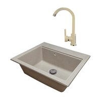 Sanitec Vena SN9034BEJ konyhai mosogató csomag, gránit-kompozit, matt, 1 tál, 60 x 50 cm, HAUSBERG HB-F5001 konyhai csaptelep, egykaros, matt, Bézs