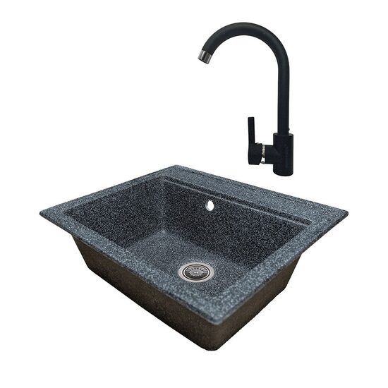 Sanitec Vena SN9034NG konyhai mosogató csomag, gránit-kompozit, matt, 1 db téglalap alakú kád, 60 x 50 cm, HAUSBERG HB-F5000 konyhai csaptelep, egykaros, matt kivitel, Fekete