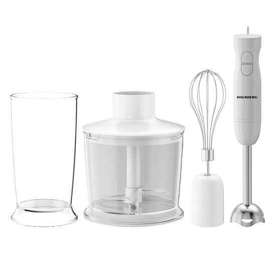 Turmixgép 3 az 1-ben HAUSBERG HB-7701AB, 500 W, 2 sebesség, ABS anyag, rozsdamentes acél pengék, 700 ml-es üvegkapacitás, 500 ml-es aprító, fehér