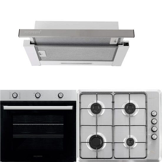 Beépíthető csomag Hausberg Sütő HB-8053IN, Elektromos, Teljesítmény 2225 W, 71 l, 6 funkciós, Szellőztetés, Időzítő, A osztály, Főzőlap HB-580IN, elektromos gyújtás, gáz, 4 égős, biztonsági, Fekete-rozsdamentes burkolat HB-1285IN, 420 m3/h, 2 motor, 60 cm
