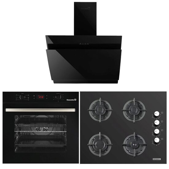 HAUSBERG beépített csomag Elektromos sütő HB-8054NG, A osztály, 71L, 2225W, üveg, termosztát, időzítő, 7 funkciós, szellőztetés, Főzőlap HB-567NG, Gáz, 4 égős, biztonsági, öntöttvas, Dekoratív páraelszívó HB-1385, 650 mc/h, 60 cm, Touch, Alumínium szűrő, 
