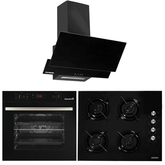 Beépített csomag HAUSBERG elektromos sütő HB-8054NG, A osztály, 71L, 2225W, hőszigetelő üveg, termosztát, időzítő, 7 funkció, szellőztetés, HB-563 főzőlap, Gáz, 4 égős, Üveg, dekoratív páraelszívó HB-1805NG, 60 cm, 450m3 /h, Alumínium szűrő, Fekete