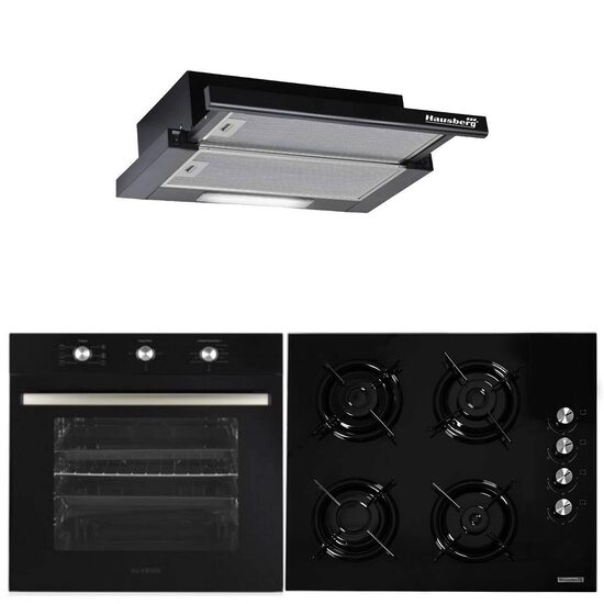 Beépített csomag Hausberg HB-8053NG, Elektromos, 2225 W, 71 l, 6 funkciós, Szellőztetés, Időzítő, A osztály, Beépített főzőlap HB563NG, 4 égős, Gáz, Üveg, Fekete, Beépített teleszkópos elszívó HB1285NG, Szívó teljesítmény 420 m3/h , 2 motor