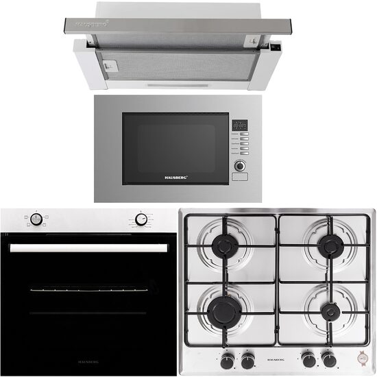 Beépíthető csomag HAUSBERG villanysütő HB-8051IN, 2000W, 4 funkciós, 76L, gáz főzőlap HB-555, 4 égős, elektromos gyújtás, teleszkópos páraelszívó HB-1285IN, elnyelés 420 cm m3/h, 2 motor, HB-650B , 1200W, 20L, Inox