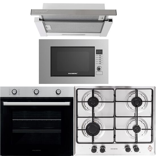 Beépíthető csomag HAUSBERG villanysütő HB-8053IN, 2225W, 6 funkciós, 71L, gáztűzhely HB-555, 4 égős, elektromos gyújtás, teleszkópos páraelszívó HB-1285IN, abszorpció 420 cm m3/h, 2 motor, HB-650B , 1200W, 20L, Inox
