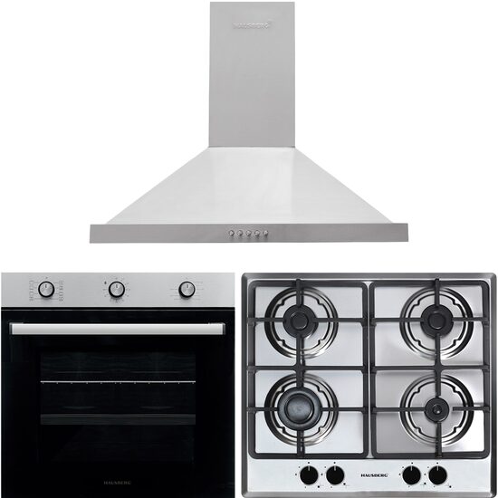 Beépített csomag Hausberg Sütő HB-8053IN, Elektromos, Teljesítmény 2225 W, 71 l, 6 Funkció, Szellőztetés, Időzítő, Beépített főzőlap HB-556IN, Gáz, 4 égős, GÁZ biztonsági rendszer, öntöttvas, Dekoratív páraelszívó HB- 1260, abszorpció 450 m3 /h, 1 motor, 
