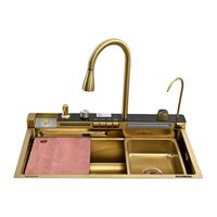 HAUSBERG HBC-9955AU rozsdamentes acél többfunkciós mosogató szett, dupla csaptelep, perforált zöldség/gyümölcs tál, univerzális tál leeresztő dugóval, aprító, 750x460x220 mm, tartozékokkal, Arany