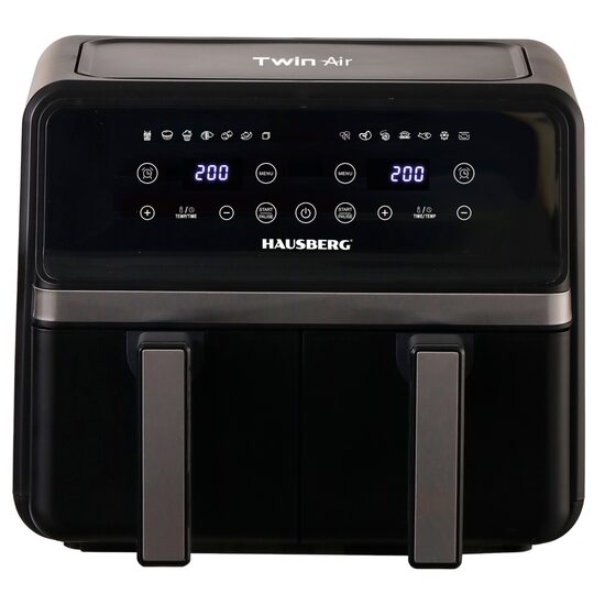 HAUSBERG HB-2373NG dupla forró levegős sütő, 2200-2400W, 8.4L kapacitás, állítható termosztát LED kijelzővel, egyedi digitális vezérlés, 14 előre beállított program, 60 perces időzítő, hűtőventilátor, fekete