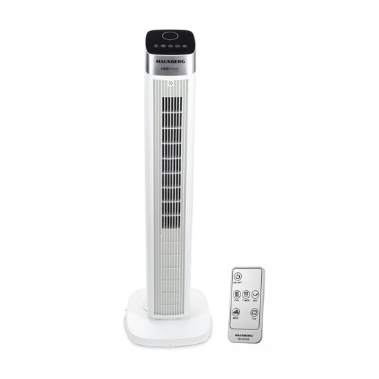 Digitális toronyventilátor távirányítóval HAUSBERG HB-5963AB, 55W, 3 sebességfokozat, 41 hüvelyk, időzítő, LED, oszcilláció, hordozófogantyú, illatosító, fehér