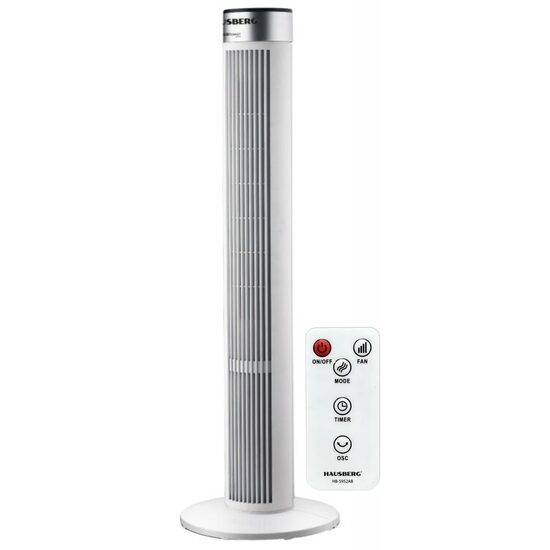 Toronyventilátor távirányítóval HAUSBERG HB-5952AB, 55W, 3 sebességfokozat, 38 hüvelyk, LED, időzítő, oszcilláció, hordozófogantyú, fehér