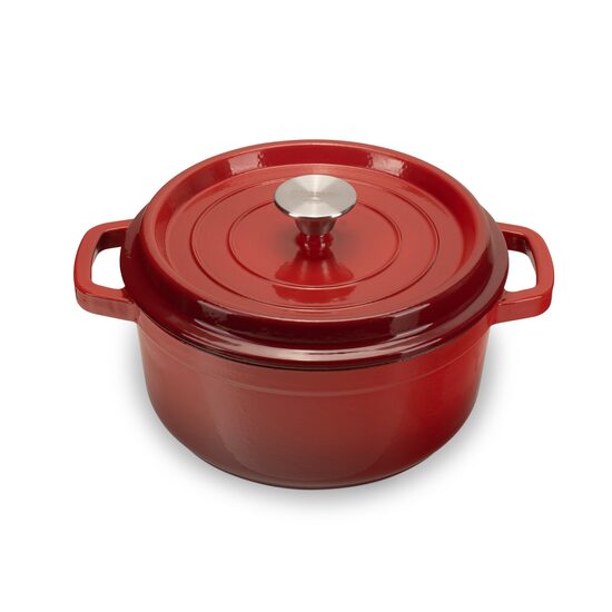 Zománcozott öntöttvas edény fedővel HAUSBERG HB-H744, űrtartalom 4L, átmérő 24 cm, mélység 11 cm, tapadásmentes belső, piros