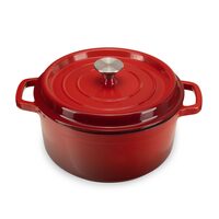Zománcozott öntöttvas edény fedővel HAUSBERG HB-H746, űrtartalom 5L, átmérő 26 cm, mélység 11 cm, tapadásmentes belső, piros