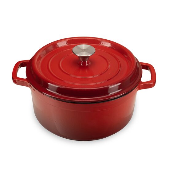 Zománcozott öntöttvas edény fedővel HAUSBERG HB-H746, űrtartalom 5L, átmérő 26 cm, mélység 11 cm, tapadásmentes belső, piros