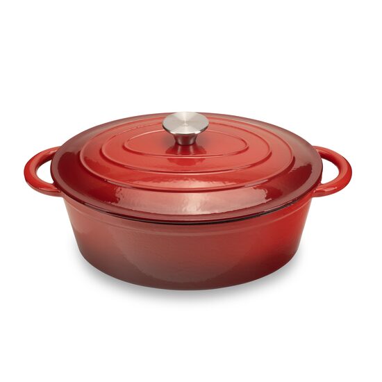 Zománcozott öntöttvas edény fedővel HAUSBERG HB-H750, űrtartalom 4,5L, átmérő 30x23 cm, mélység 12 cm, tapadásmentes belső, piros
