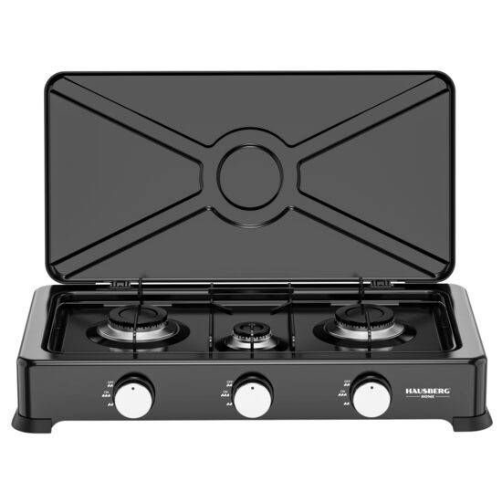 Aragaz portabil Minigaz triplu Hausberg HB-H403NG, 2×2.2kW + 1kW, arzatoare aluminiu, supape CE, corp metalic