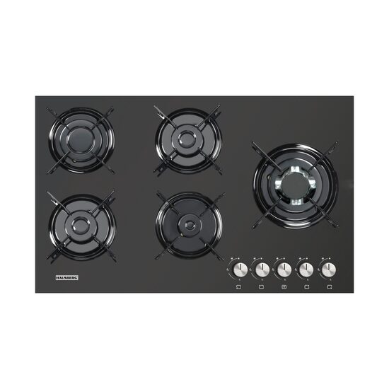 Plita Incorporabila pe Gaz Hausberg HB-565, 5 Arzatoare, Arzator Wok Triplu, Sticla Neagra, FFD, 90 cm